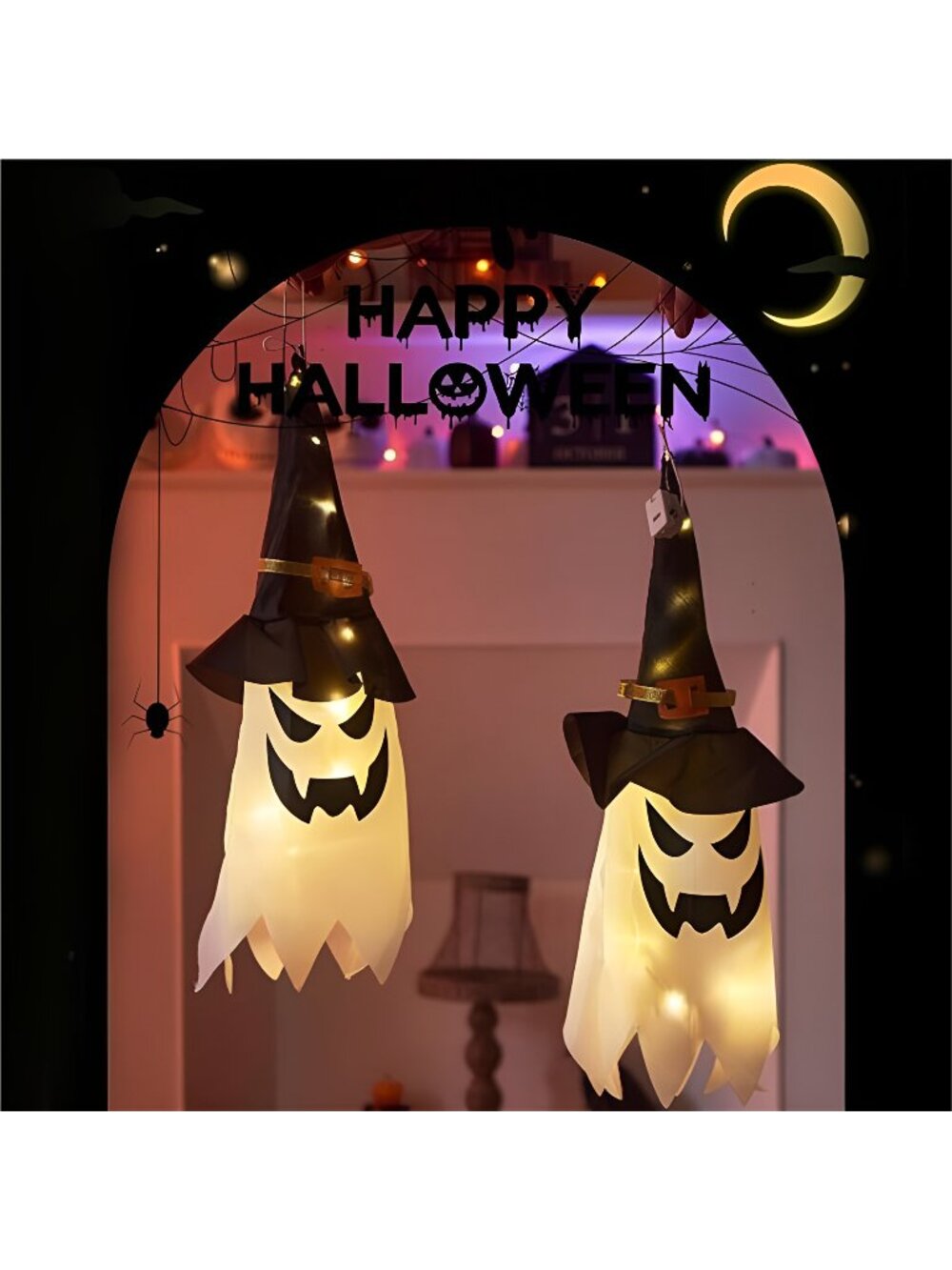 3pcs Halloween Hanging Lighted Witch Hats Ghost Decorations for Indoor Outdoor